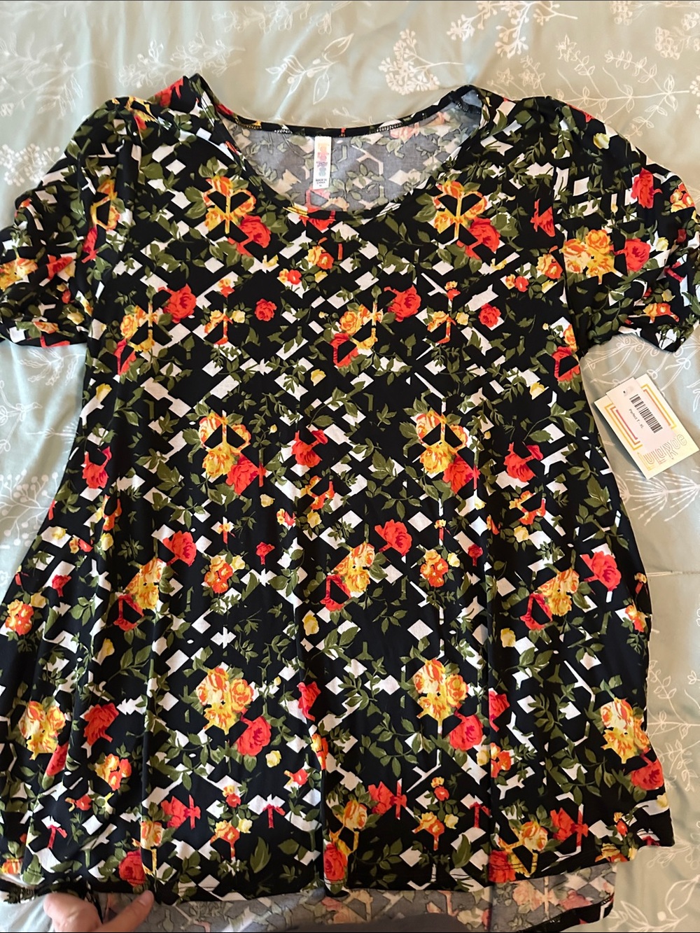 LuLaRoe Black Floral V-Neck Tunic with Red & Yellow Roses